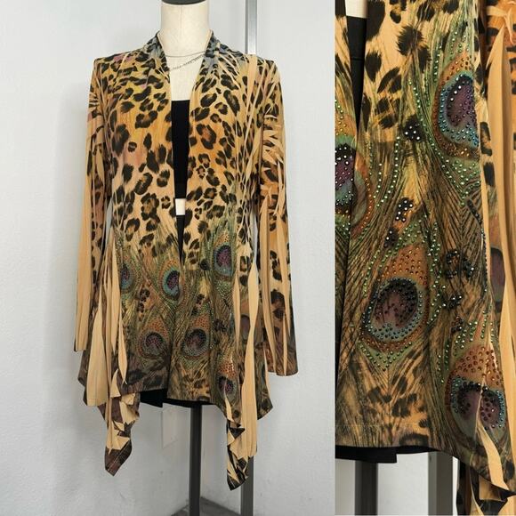 Peacock & Leopard Print Drape Open Cardigan Top Festival Maximalist Elec… - Picture 1 of 9